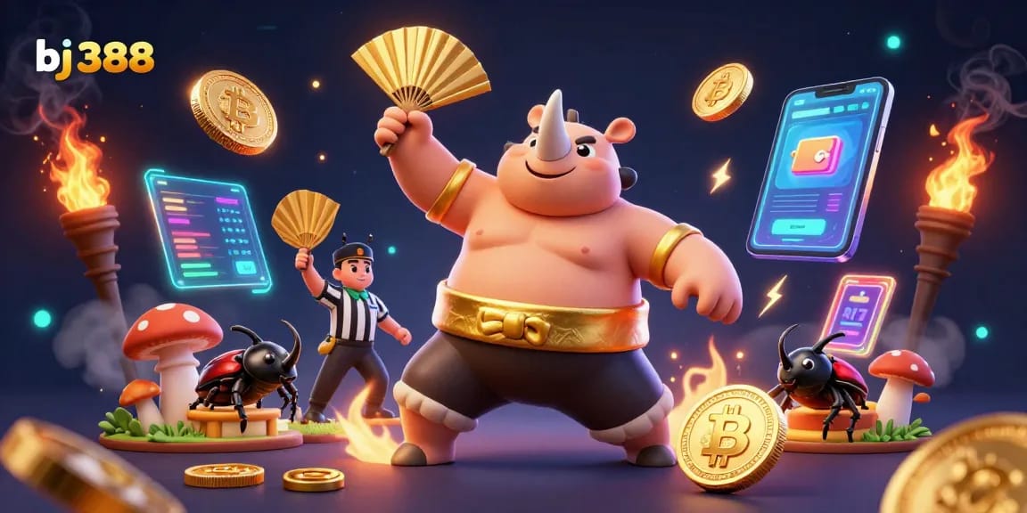 Bj388 players enjoy thrilling games as a sumo champion beetle stomps money, creating a dynamic betting atmosphere.