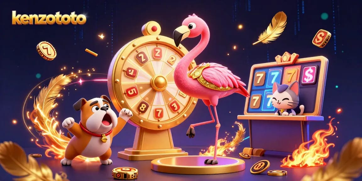 Kenzototo engaging scene with a 3D flamingo host spinning a prize wheel, promoting thrilling lottery gameplay.