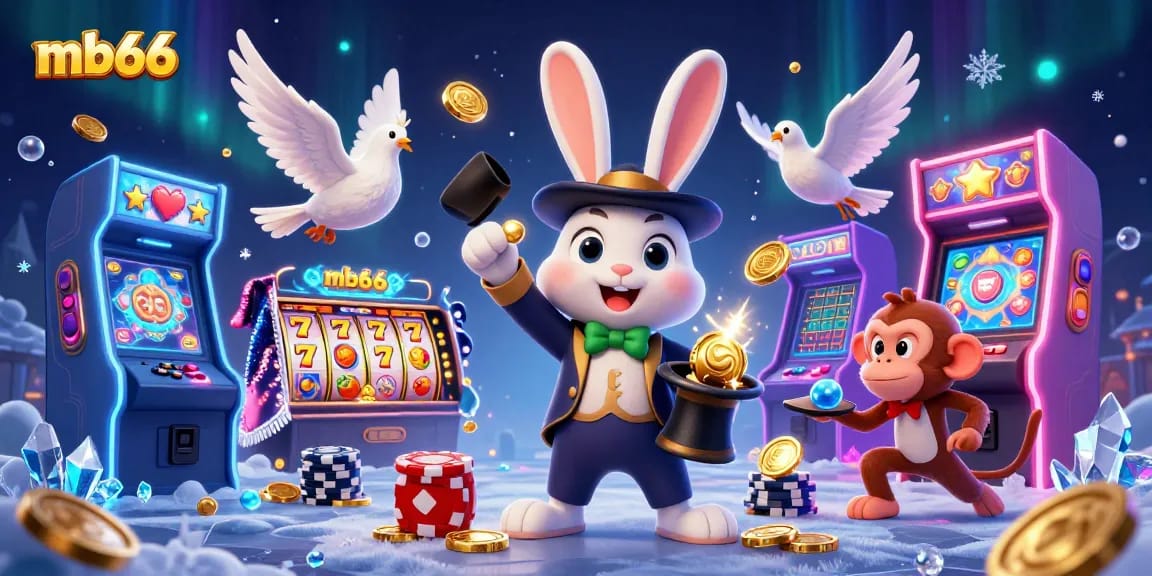 Experience thrilling wins at mb66 with a lively 3D casino scene featuring playful characters and slot games.