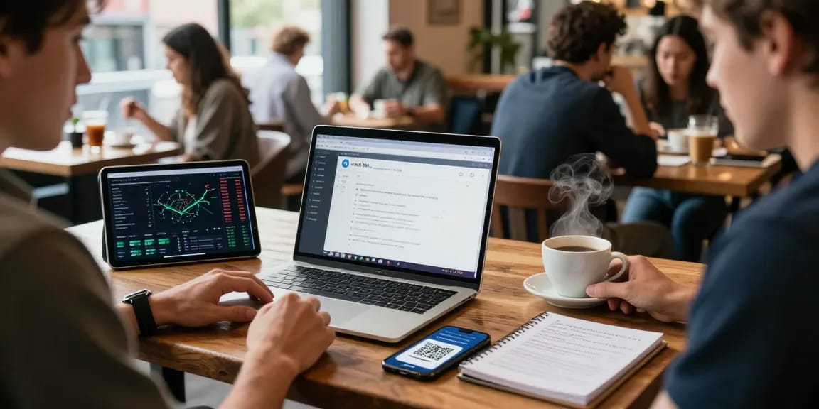 Play exchange digital wallet transaction scene with crypto trading analytics in a coffee shop setting