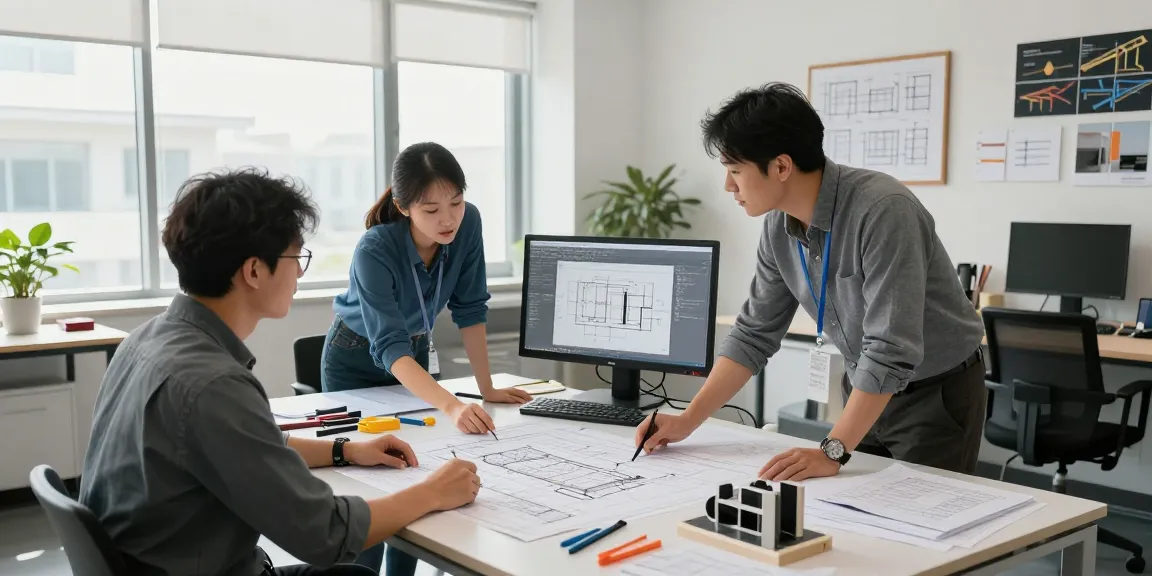 Structural Engineering Consultant Canada team collaborating on project designs with blueprints and advanced engineering tools in a modern office.