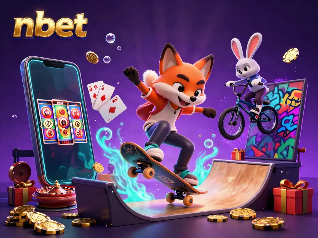 Engage with nbet’s thrilling gaming scene featuring a skateboarder fox and BMX-riding rabbit surrounded by casino elements.