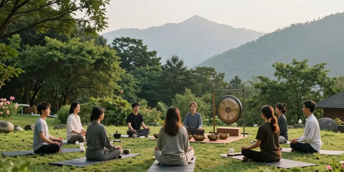 Sound healing course in Rishikesh India participants meditating in nature with Tibetan bowls.