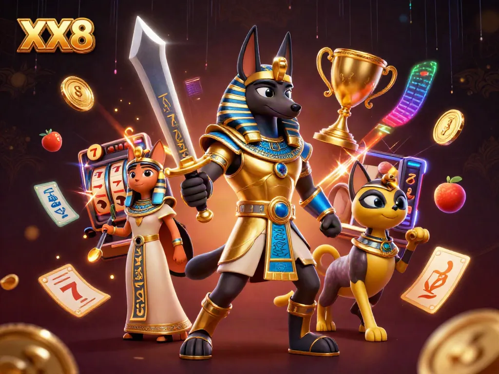 Engage with thrilling casino action at XX8 in a vibrant 3D illustration featuring Anubis and Bastet.