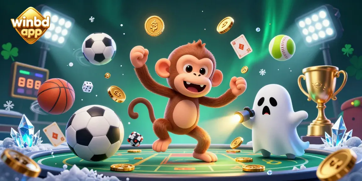 Engage with the winbd app in a vibrant casino scene featuring lively characters and sports elements.