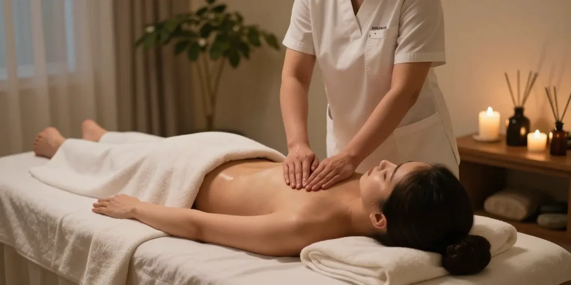 Incheon안마 서비스, professional therapist delivering a calming 인천출장안마 in a serene spa setting with ambient lighting.