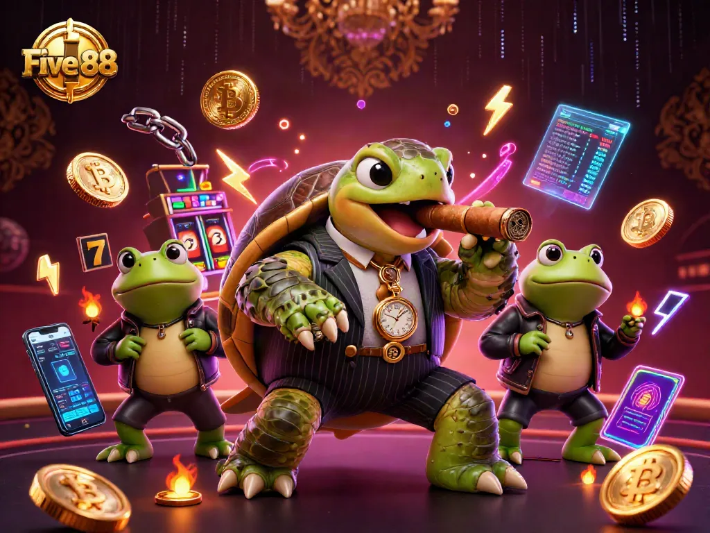 Engage with Five 88's lively casino atmosphere featuring a mobster turtle and bullfrog enforcers.