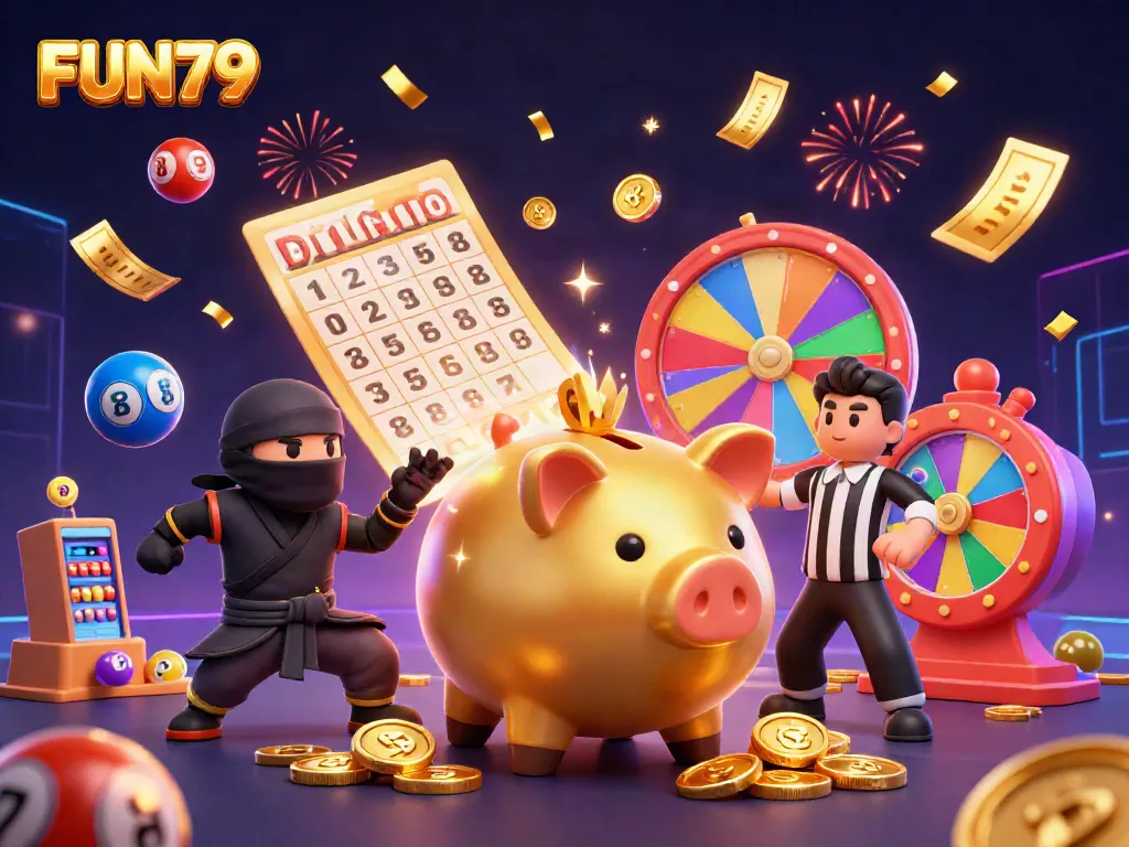 Experience the vibrant excitement of FUN79 with a golden piggy bank sumo wrestler amidst a dynamic celebration scene.