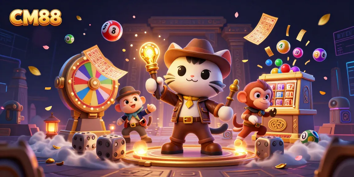 Bet on your luck with CM88, featuring vibrant lottery elements and adventurous characters in a dynamic casino setting.