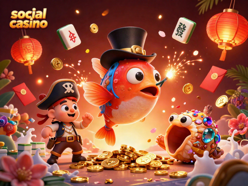 Engage in social casino fun with a vibrant 3D illustration of animated characters.
