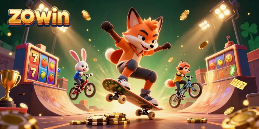Engage in thrilling slots experience with zo win, featuring cartoon characters and vibrant casino elements.