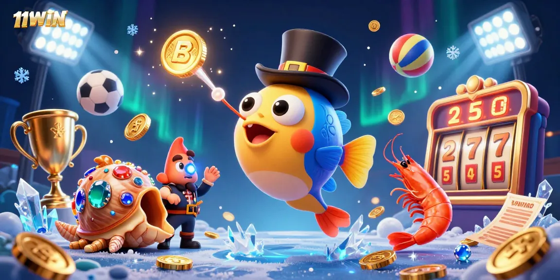 Engage with 11WIN's vibrant 3D casino scene showcasing exciting sports betting elements and glowing treasures.