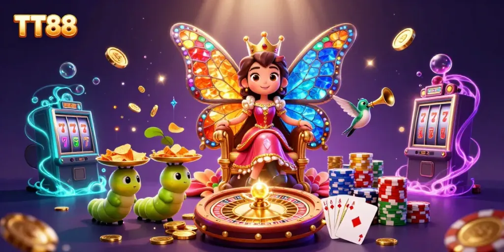 Engage with TT88 in a vibrant casino scene featuring a butterfly queen, exciting games, and sparkling treasures.