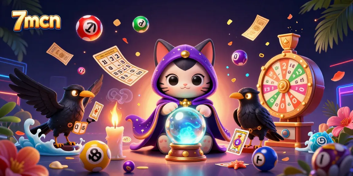 Experience thrilling moments with 7mcn as the fortune teller cat and raven deal cards amidst a vibrant lottery scene.