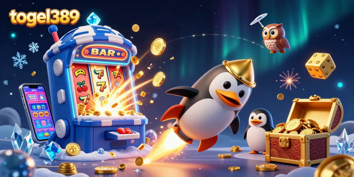 Togel389 featuring a golden penguin and slot machine explosion symbolizing winning opportunities in a casino