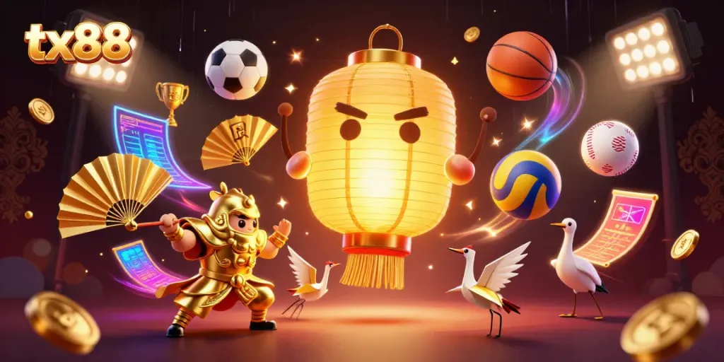 Experience vibrant casino action at tx88 with a mystical golden lantern spirit and dynamic sports elements.