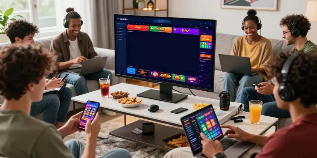 Exciting online gambling experience at home showcasing TX88 and diverse games on devices.