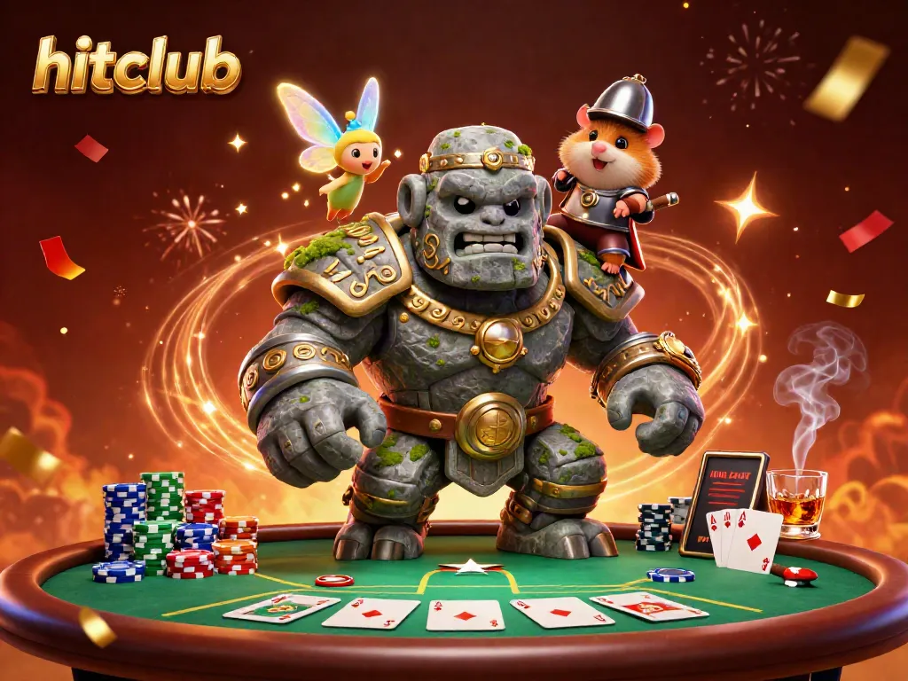 Hitclub players compete at a vibrant poker table surrounded by colorful chips and magical elements, showcasing excitement.