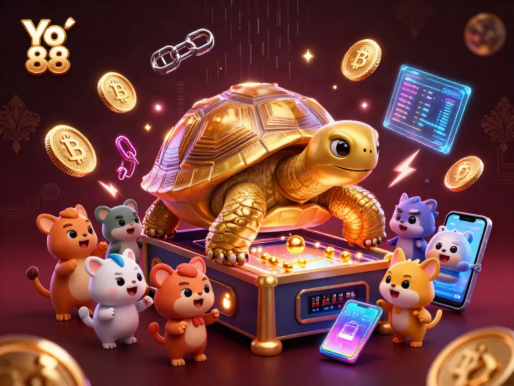 Engage with Yo 88's vibrant gaming scene featuring a colossal tortoise pinball machine and crypto elements.