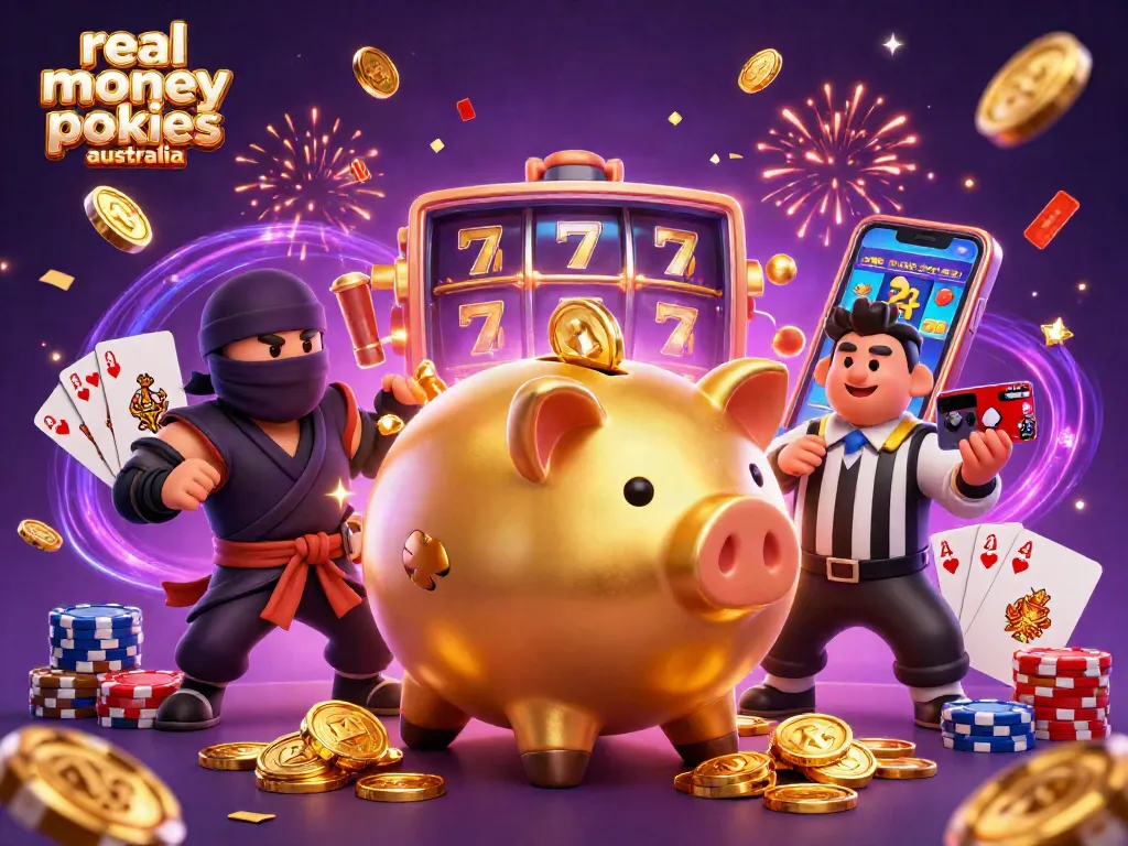 Experience real money pokies Australia with a dynamic scene featuring a golden piggy bank sumo wrestler and exciting casino elements.