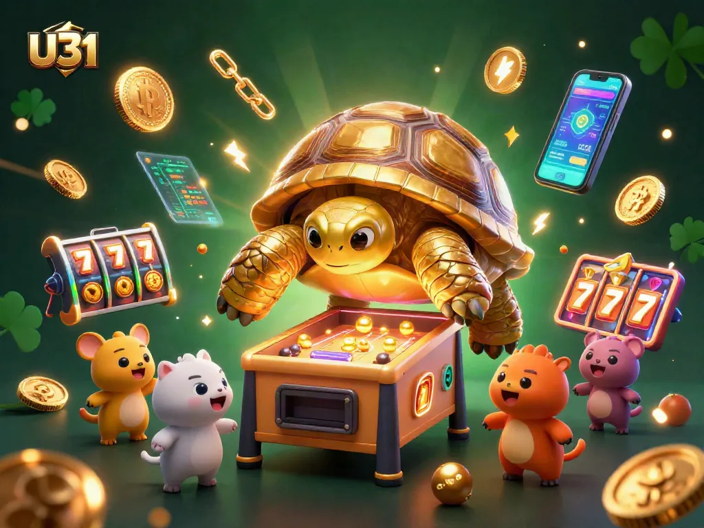 Experience U31's exhilarating slot action with a colossal tortoise pinball machine in a vivid gaming scene.