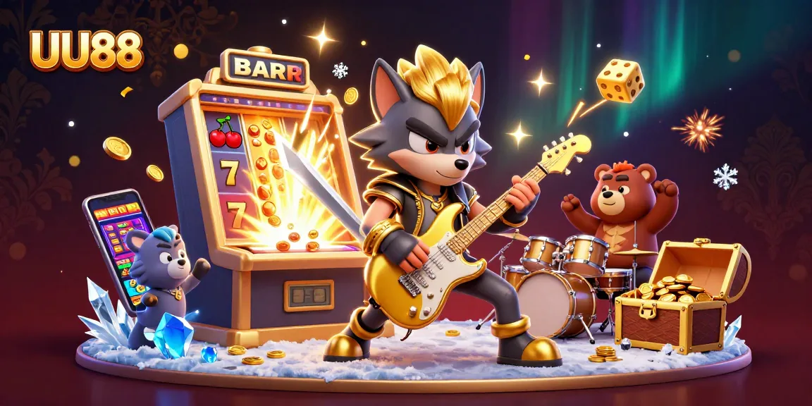 Experience the excitement of UU88 on a vibrant, action-packed casino stage with characters and jackpot symbols.