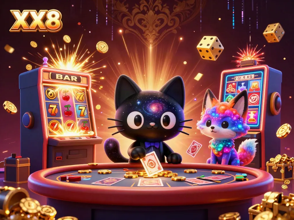 Engage in the cosmic casino adventure with the XX8 black hole cat and nebula fox amidst vibrant slot games.