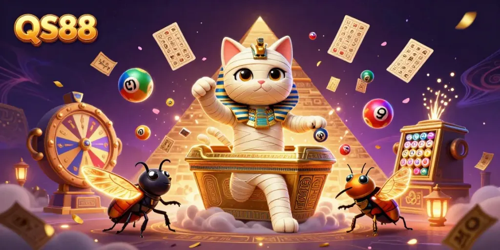 Join the gaming action with QS88's unique Egyptian-themed casino experience featuring vibrant elements.