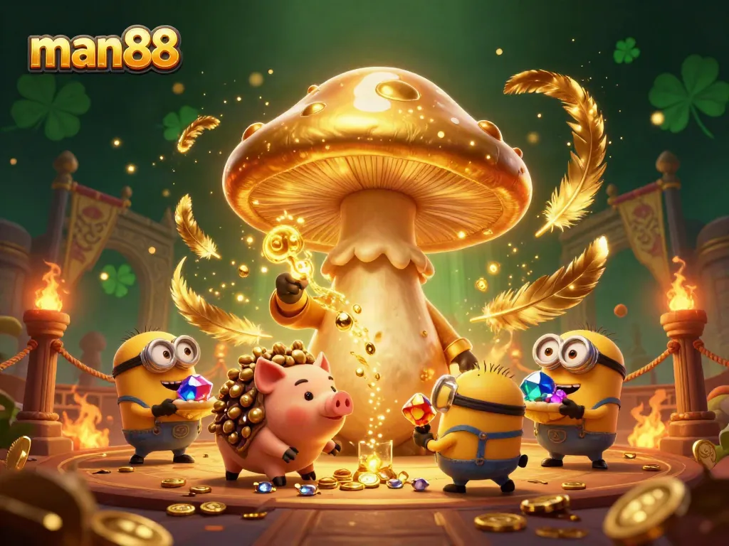 Engage in thrilling gaming with man88 at this vibrant 3D casino scene featuring golden characters and rich gaming elements.