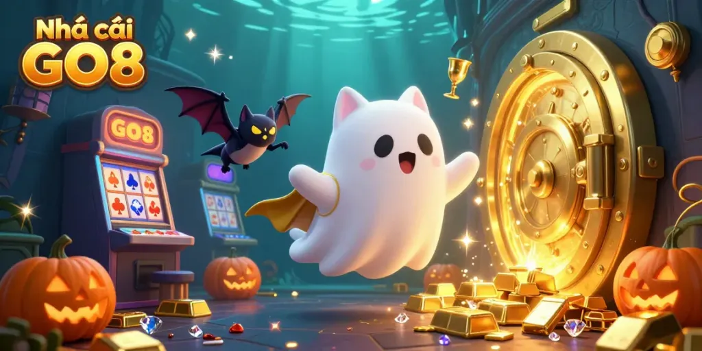 Engage with exciting games at Nhà cái GO8's haunted casino with glowing treasures and playful characters.