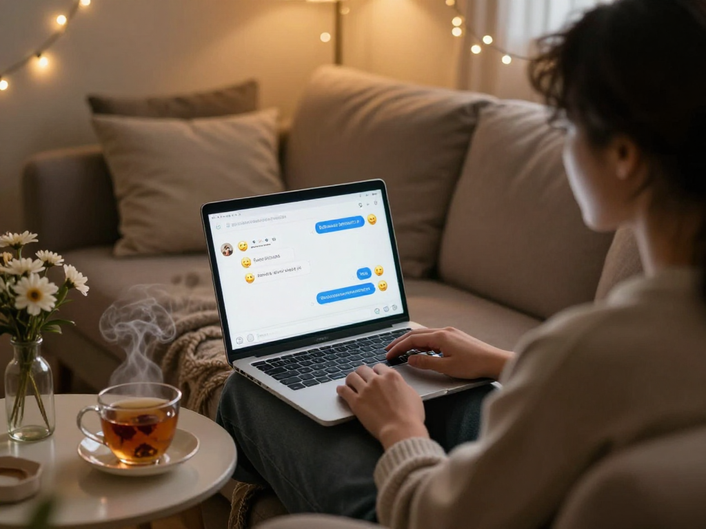 Cozy scene of a person engaging in sex ai conversations on a laptop with tea and warm lighting.