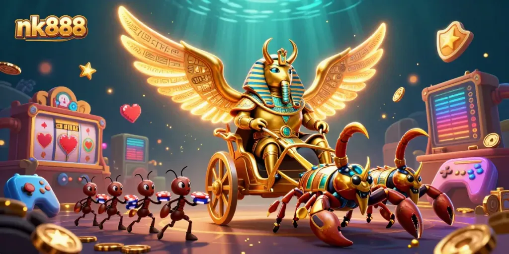 Experience the vibrant energy of nk888 with dynamic casino action featuring a glowing golden scarab and jackpot scenes.