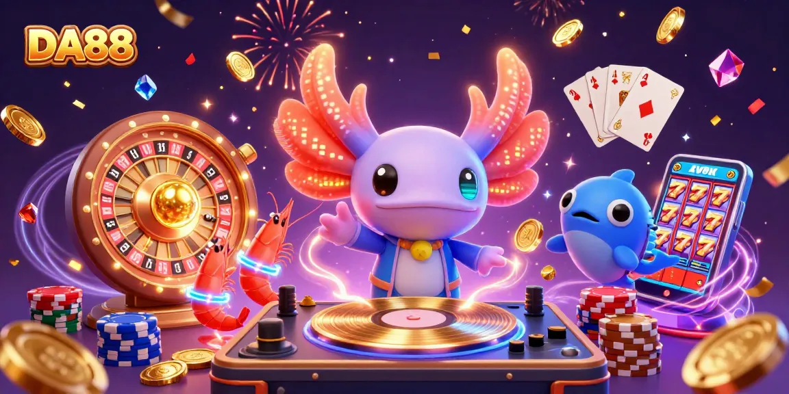 DA88 enhances gaming excitement with vibrant characters amidst a backdrop of casino riches.