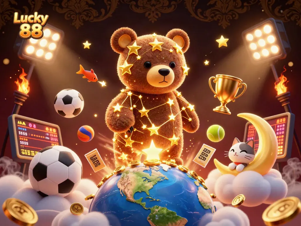Experience the thrill of Lucky 88 as golden stars and sports elements collide in a dynamic casino illustration.