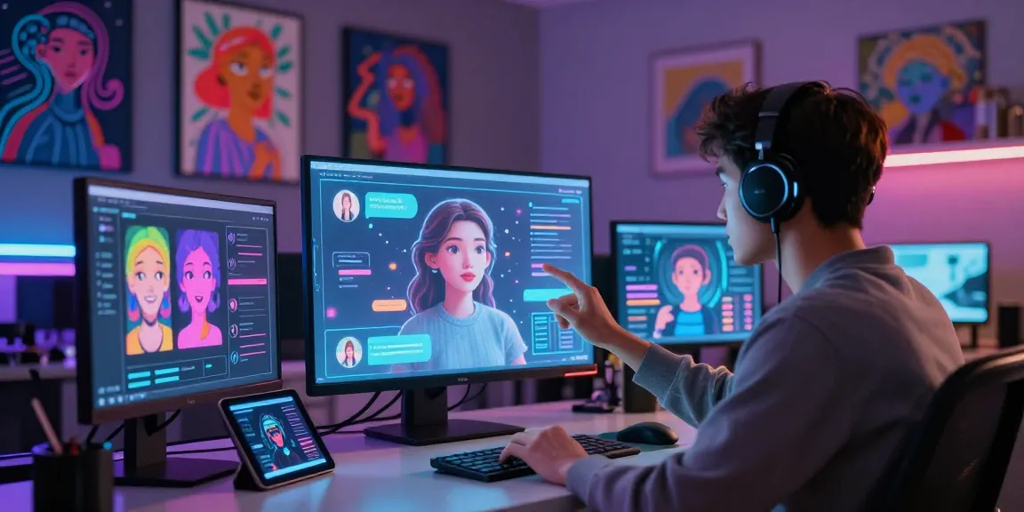 Dynamic scene showcasing user engaging with NSFW AI avatars in a futuristic digital environment, highlighting creativity and customization.