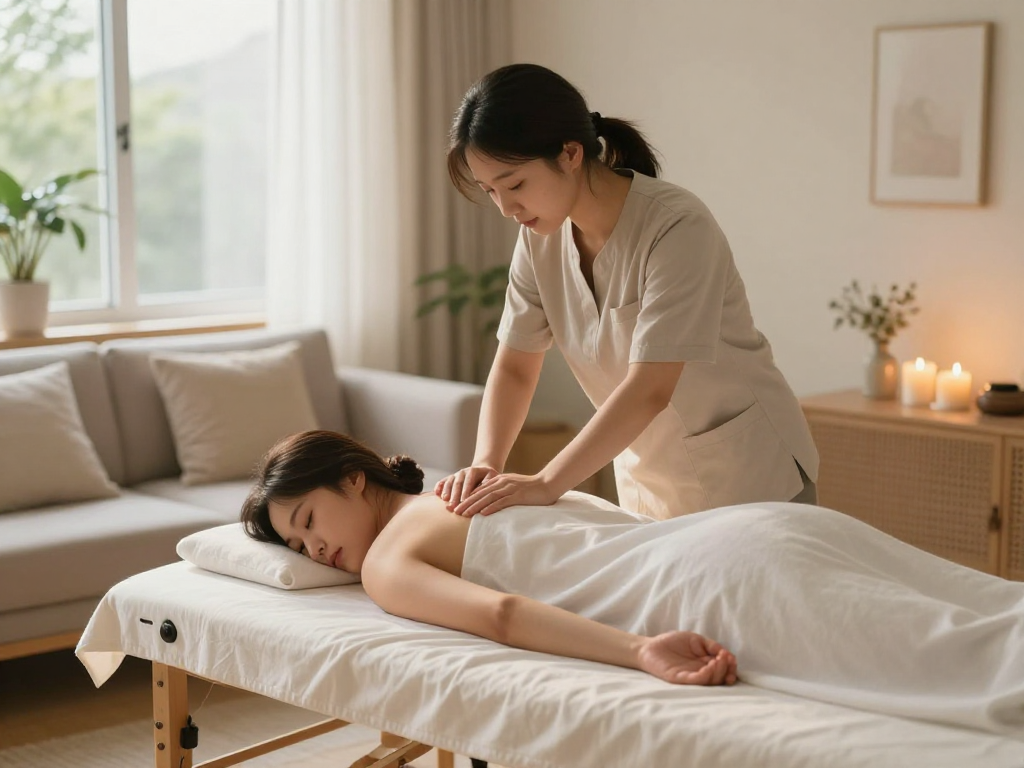 Relaxing 서울출장안마 session with a professional therapist in a tranquil home setting.