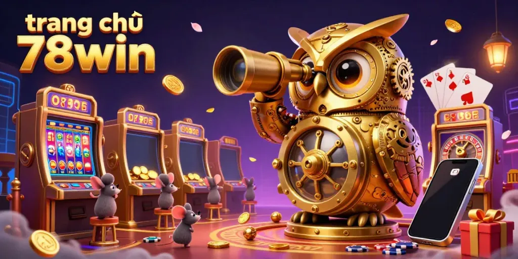Experience vibrant gameplay at trang chủ 78win with a golden owl scanning the casino floor amidst dynamic slot machines and gaming elements.