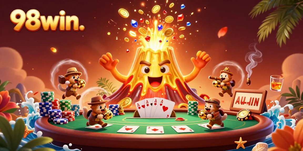 Experience thrilling wins at 98win with this vibrant casino illustration featuring treasure and poker elements.