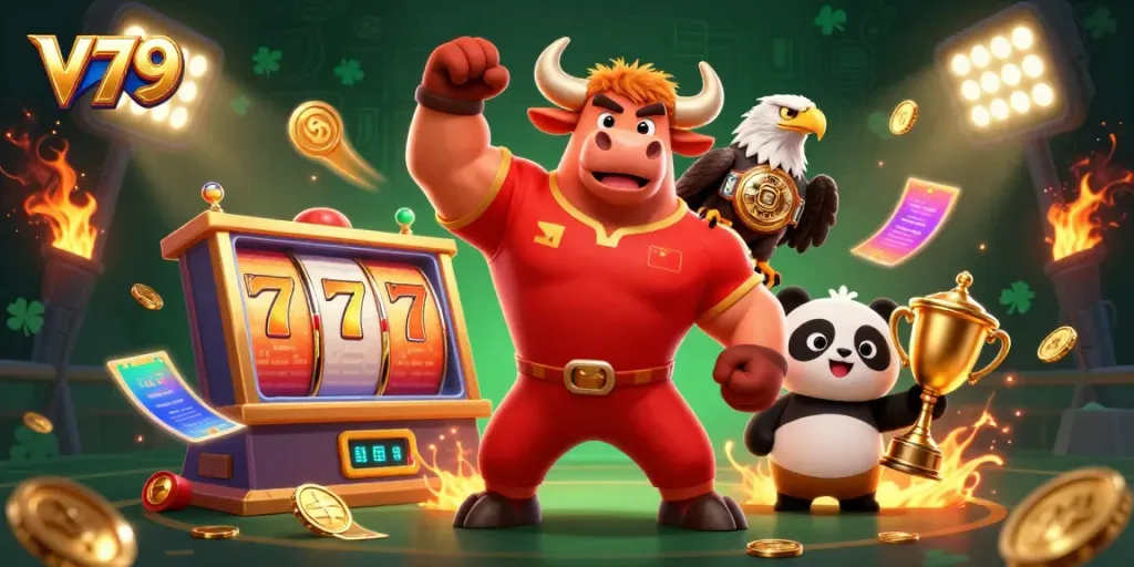 Engage with V79 as the bull mascot celebrates, showcasing online casino excitement with dynamic gambling elements.
