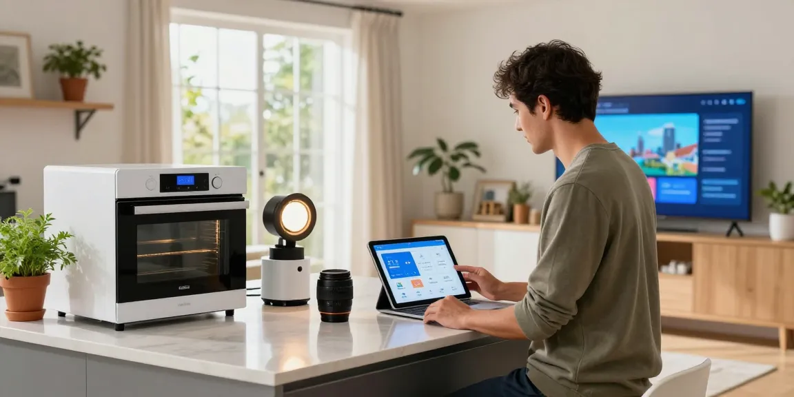 Smart home gadgets enhancing a modern kitchen, showcasing innovative technology and automation.