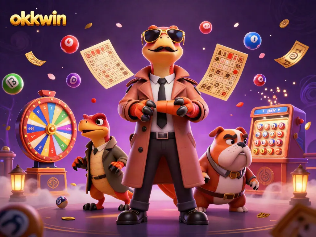 Experience the excitement of okkwin casino with cartoon raptors and colorful lottery elements.