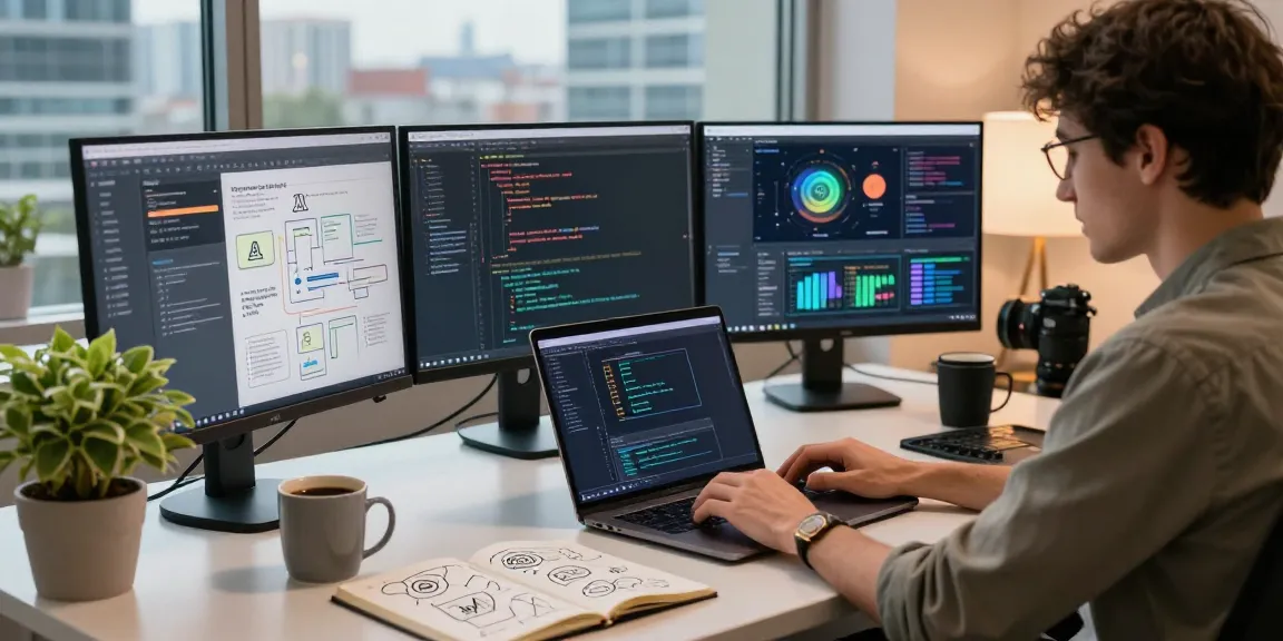 Developing crush ai applications in a modern tech workspace with coding interfaces and design tools.