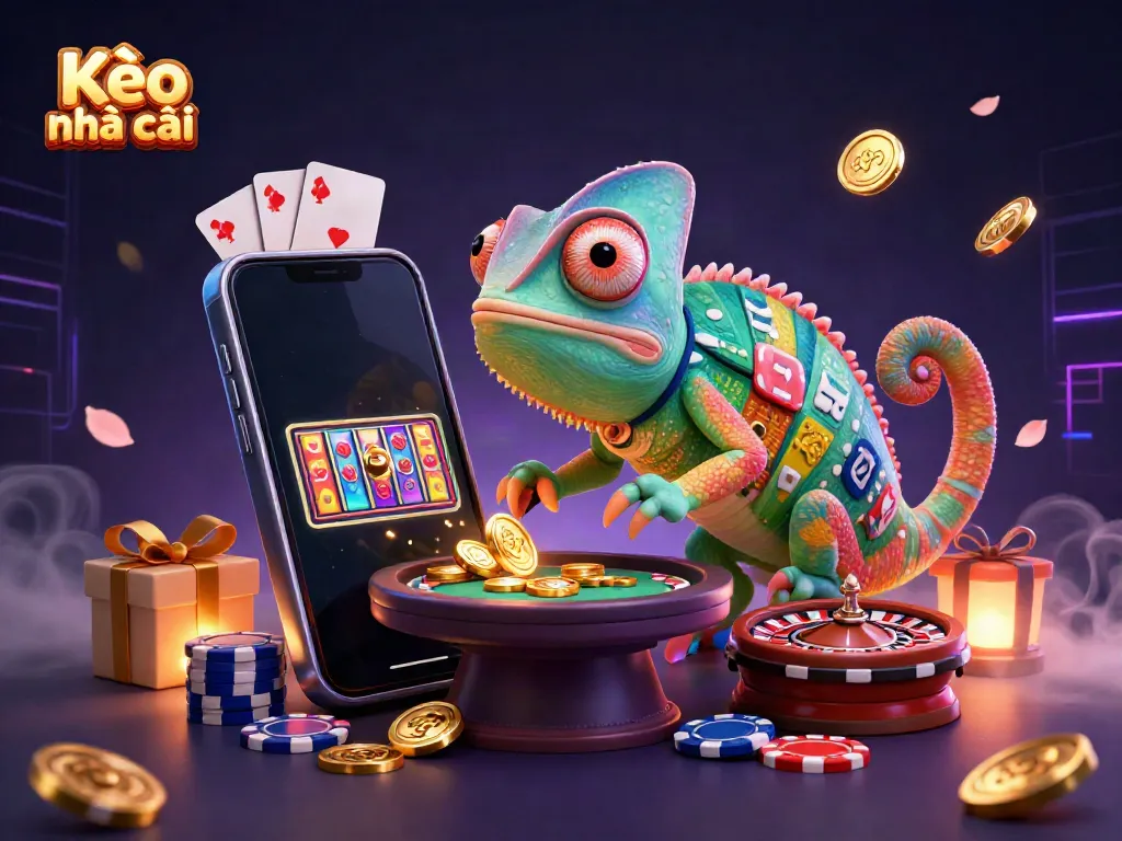 Experience Kèo nhà cái with a vibrant chameleon casino owner capturing golden coins, surrounded by dynamic gaming elements.