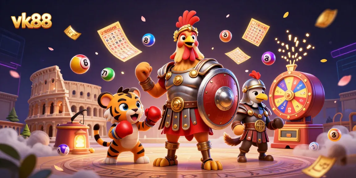 Engage with vk88's thrilling gaming experience featuring a gladiator rooster and vibrant lottery elements.