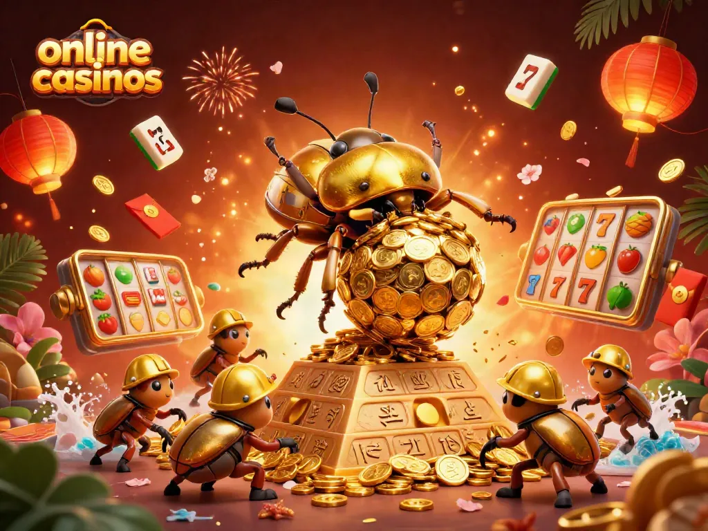 Engage with online casinos featuring a golden beetle with coins, vibrant gaming elements, and festive visuals.