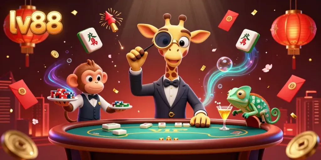 Experience thrilling gaming with lv88, vivid giraffe, poker elements, and playful characters.