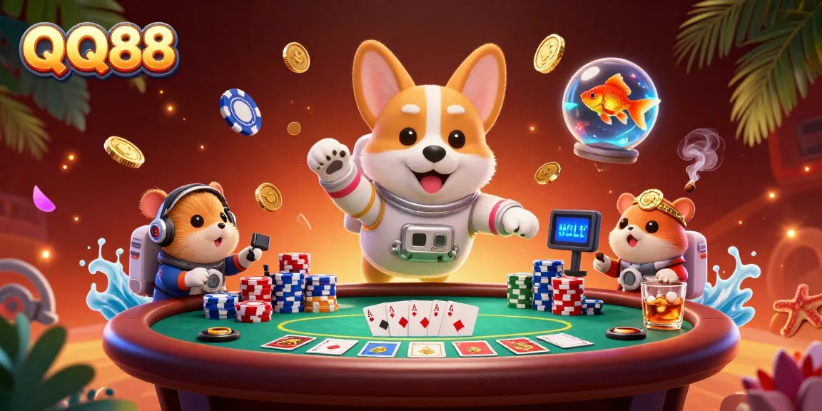 Experience QQ88 with a floating corgi astronaut in a dynamic space casino, surrounded by poker elements.