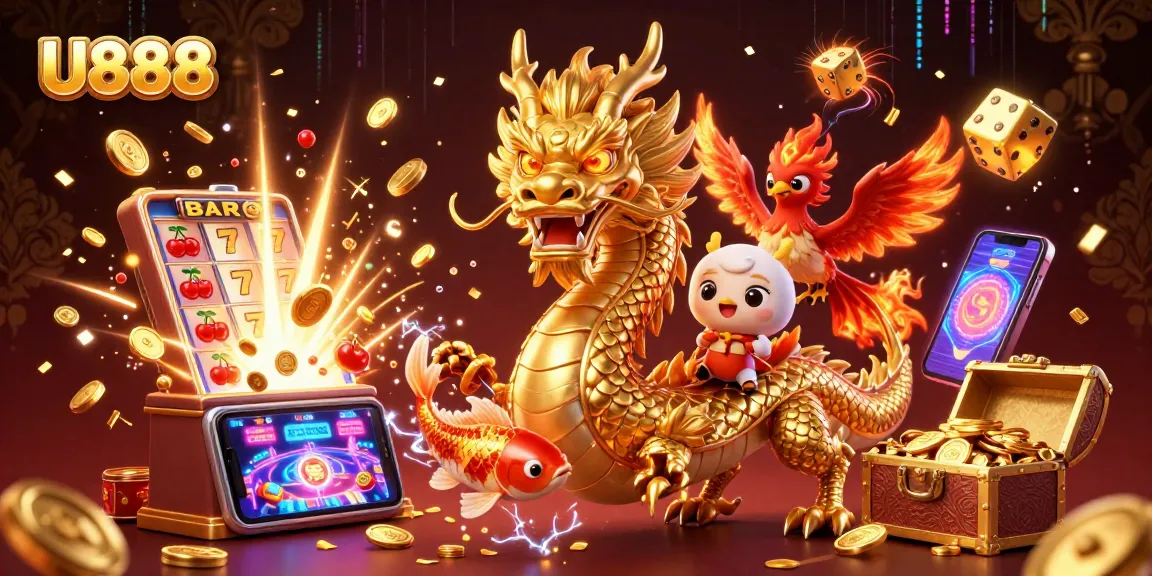 Experience U888's dynamic gambling scene with a vibrant dragon, phoenix, and koi fish amidst thrilling slot action.