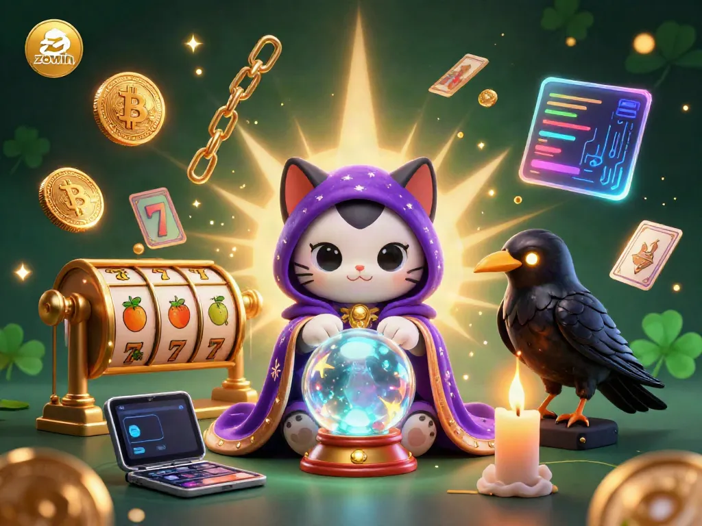 Zowin's vibrant gaming scene featuring a mystical cat and raven with slots and crypto elements.