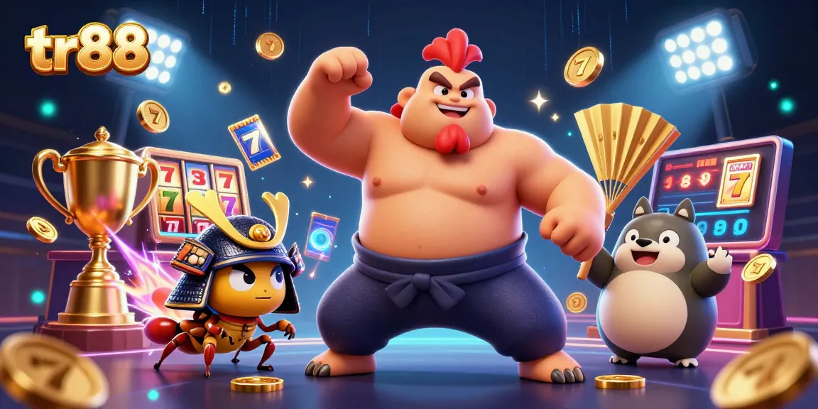tr88 showcases an intense casino scene with a sumo rooster, a cricket warrior, and a tanuki announcer amidst spinning slot reels and gold coins.